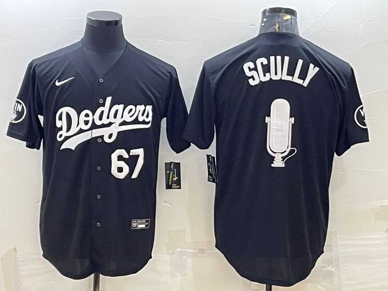 Mens Los Angeles Dodgers #67 Vin Scully Black White Big Logo With Vin Scully Patch Stitched Jersey